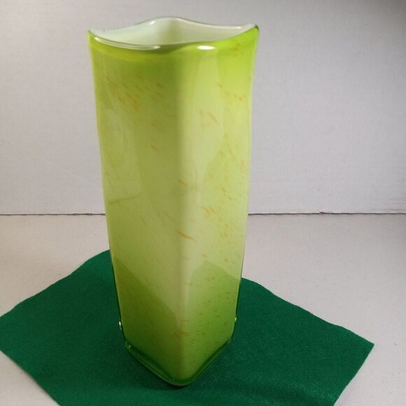 Green w/ Orange Streaks White Inside Art Studio Hand blown Vase Cottagecore - Picture 4 of 6